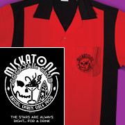 Miskatonic Cocktail Club on stylish red and black retro bowling shirt