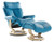 Ekornes Magic with Natural base and Skyblue Paloma leather. Adjustable headrest and pivoting ottoman comes standard
