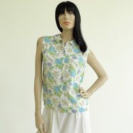 Vintage 1960s 70s White Sleeveless Floral Print Shirt