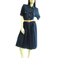 Vintage 1980s Navy Silk Military Pleated Shirtdress
