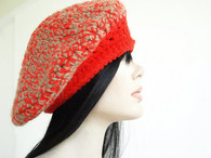 Vintage Handknit Crochet Red/Tan Beret Hat