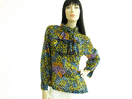 Vintage 1960s Graphic Print Ruffle Art Shirt