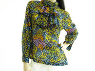 Vintage 1960s Graphic Print Ruffle Art Shirt