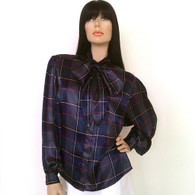 Vintage 1980s Argenti Navy Plaid Necktie Blouse