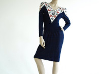 Vintage Lillie Rubin Navy Floral Sequin Knit Dress