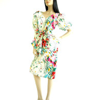 Vintage 1980s White Floral Peplum Pouf Dress