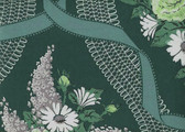 Lilacs,roses,ribbon, and lace on a rich green background