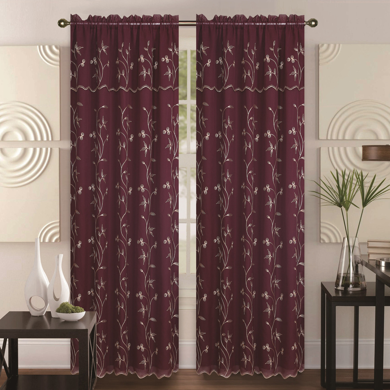 double layer embroidery floral vine sheer front fauz silk back rod pocket decorative curtain - Decorative Curtains double layer embroidery floral vine sheer front fauz silk back rod pocket decorative curtain - Decorative Curtains