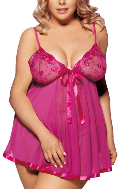 Pink Embroidered Sequin Sheer Babydoll Plus Size XL