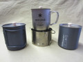 "mini" stove with 22oz hard andoized Olcamp Space Saver Mug, SP600 , Halulite Minimalist.
All mugs are shown here with Four Dog Stove titanium SP lids!