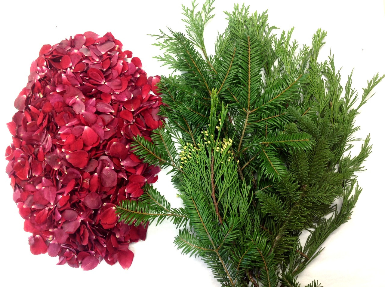 Mixed Christmas greens & Eco-friendly freeze dried red rose petals make up the Holiday Decorating Set