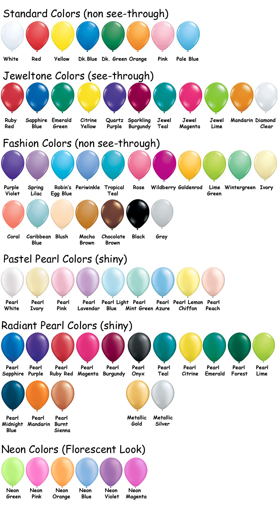 Bulk Inflated Balloon Pricing & Color Charts Latex Color Chart