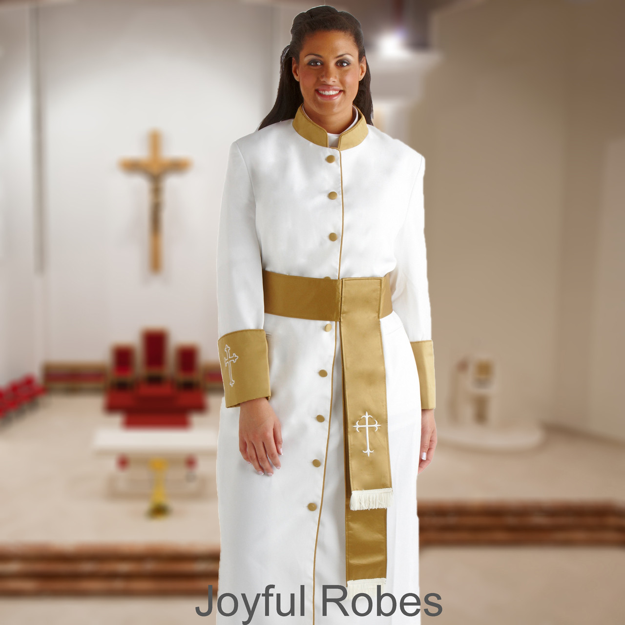 Ladies_White_and_Gold_Clergy_Robe_Cassock_with_Matching_Gold_and_White ...