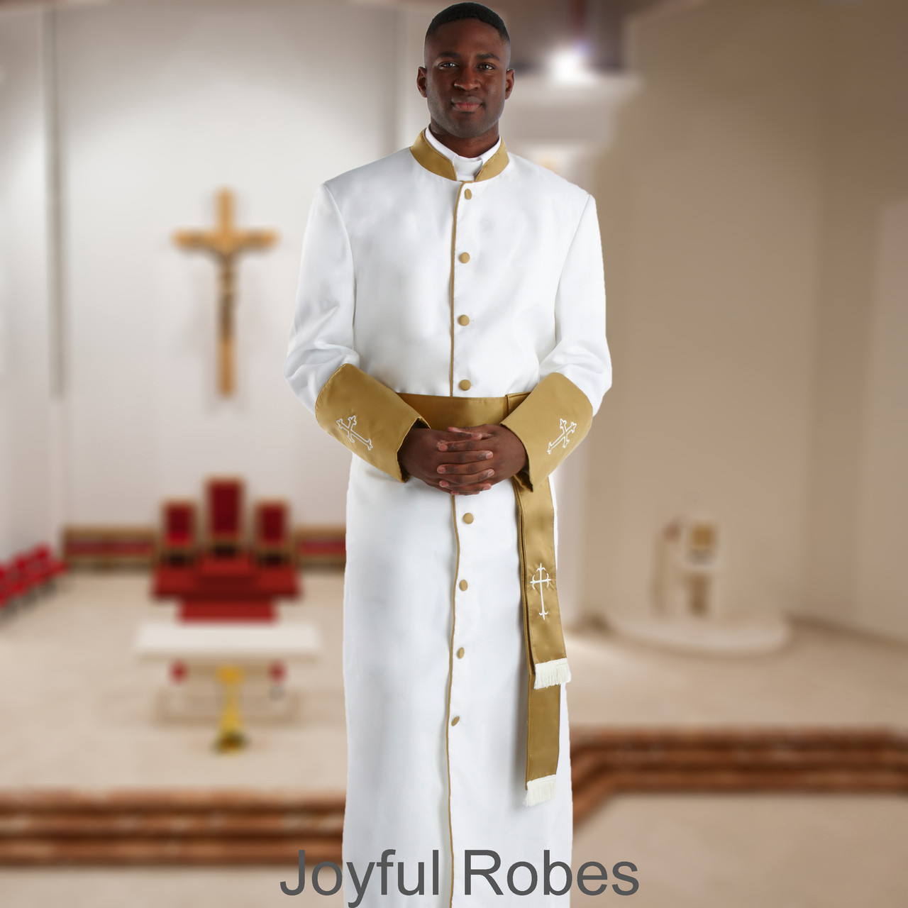 Men's White and Gold Satin Cuffs Clergy Robe with Matching Cincture ...