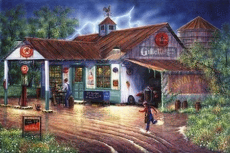girl in a teeny bikini painting of vintage gas station