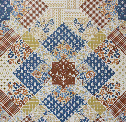1970s Vintage Wallpaper Quilt Pattern Blue and Brown