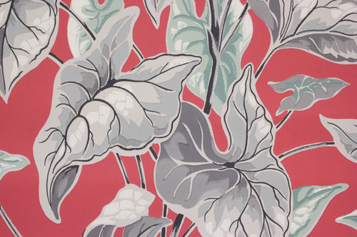 1940s Vintage Wallpaper Large Gray Leaves on Red