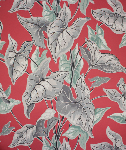 1940s Vintage Wallpaper Large Gray Leaves on Red