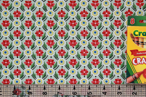 1940s Vintage Wallpaper Red and Yellow Floral Geometric on Green