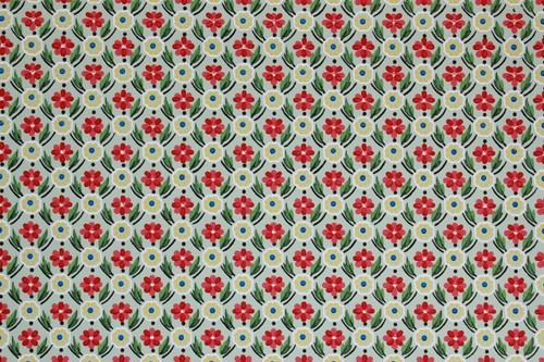 1940s Vintage Wallpaper Red and Yellow Floral Geometric on Green