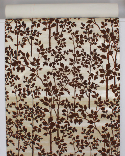 1970s Vintage Wallpaper Brown Flocked Leaves Stems