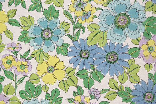 1970s Vintage Wallpaper Retro Blue and Green Flowers