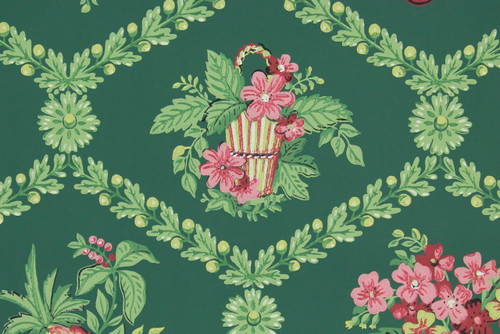 1940s Vintage Wallpaper Pink Yellow Bouquets Fruit