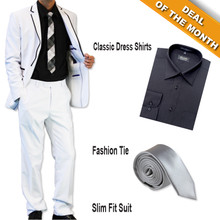 Figlio Lontano Slim Fit Suit - White-Black + Shirt + Tie