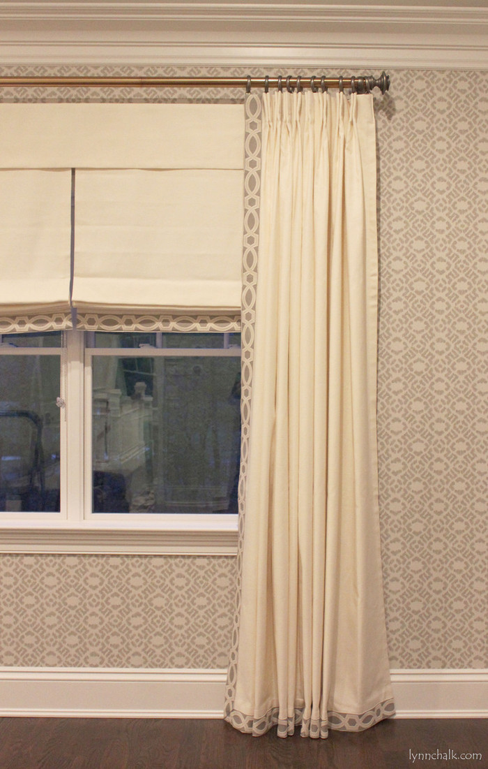 Drapes and Roman Shades in Trend 01838T 07 with Samuel & Sons 977 56199 Trim. Fabricut Wallpaper 50025W Diamante Grey 03.