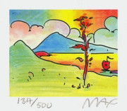 Beautiful  Peter Max - SIGNED w/ COA Tree with Sailboat, Ltd Ed Litho 2.75" x 3.125"