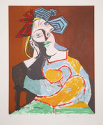 Pablo Picasso Estate Collection Femme Accoudee au Drapeau Bleu et Rouge Hand Signed with COA