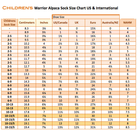 Warrior Alpaca Sock Size Chart US & International
