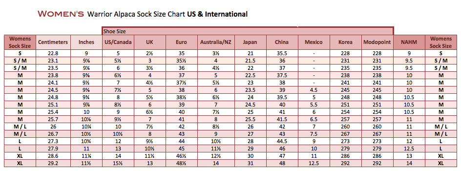 Sock Size Chart Womens