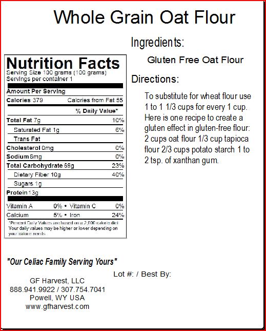 40 oz. Bag Organic Gluten Free Whole Grain Oat Flour Gluten Free Oats