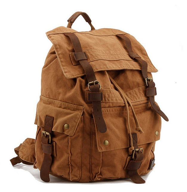 Men&#39;s Trendy &quot;Colonial&quot; Italian Style Canvas Backpack with Leather Straps - Khaki Tan ...