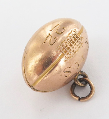 RARE c1922 10CT GOLD LARGISH USA AMERICAN HIGH SCHOOL ENGRAVED GRIDIRON BALL FOB