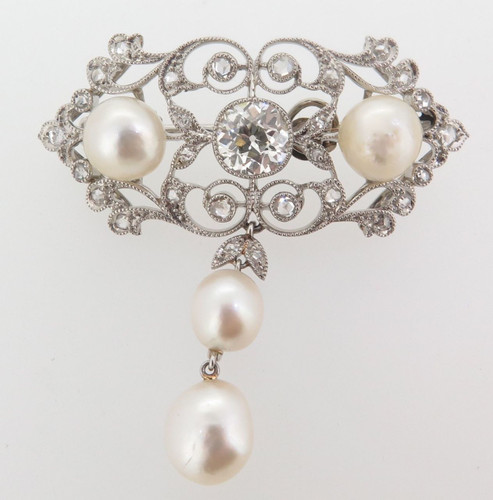 ANTIQUE PLATIUNUM 1.25CT G/H SI OLD CUT DIAMOND NATURAL PEARL BROOCH VAL $54000