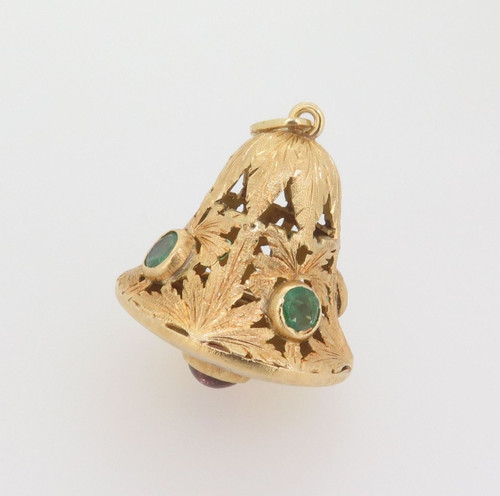 HANDMADE LARGE 18K GOLD EMERALD & TOURMALINE BELL PENDANT VAL $8275
