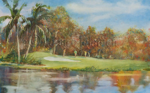 The original watercolor painting of the 18th Green at Sanibel Island Golf Clubl, FL unframed.