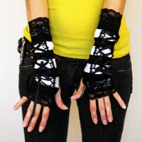 Black and White Striped Corset Fingerless Gloves