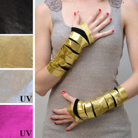 UV Reactive Metallic Gold Slashed Fingerless Gloves