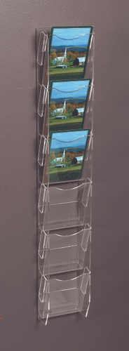 Clear acrylic six pocket wall ladder for displaying postcards, greeting cards, and other printed materials.