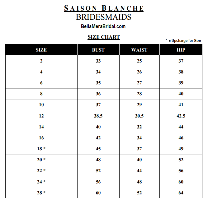 saison blanche bridesmaid dress size chart saison yoo bridesmaid size chart