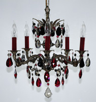 Antique brass chandelier with black enamel inlays, designed with black golden teak and Bordeaux STRASS crystal