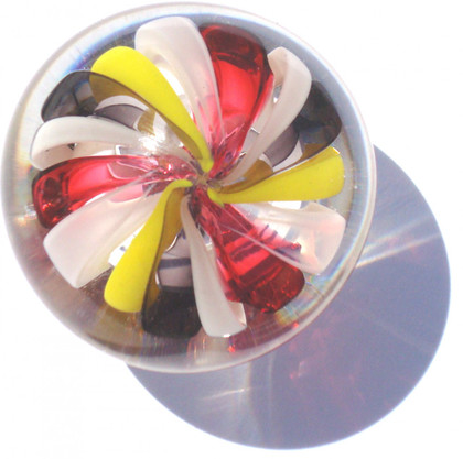 Hand Blown Glass Drawer Pull. Each one is made individually using color rods called cane.  This Knob is clear glass, white, grey, yellow and salmon glass.
