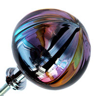 Hand Blown Glass Drawer Pull. Each one is made individually using color rods called cane.  This Knob is purple, green, black, smokey topes and navy