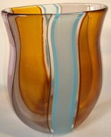 one of a kind hand blown, cane worked vase in golden browns, opal blue, grey, and light amythest
