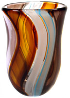 Hand blown glass vase made of colored cane in a sexy oval shape