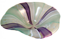 Colored hand blown glass floppy bowl in mint, white, purple and twisted white cane