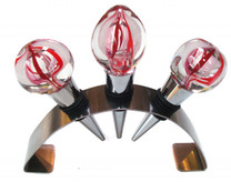 Set of 3 hand blown glass wine stoppers with modern stainless Steel stand beautiful for display.